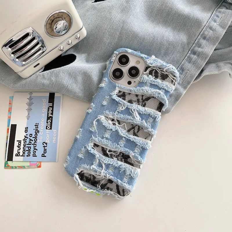 Jeans Case for iPhone 15 Pro Max Chic Black Lace Jean Designer Phone Cover  for iPhone 14 Pro Max 13 12 11 Soft Cases