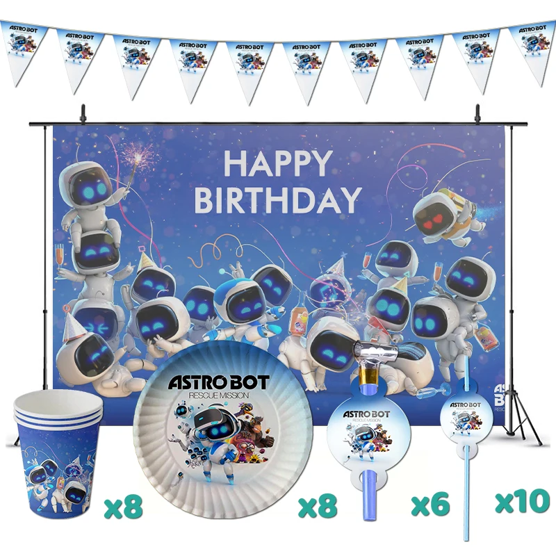 Birthday Party Supplies ASTRO BOT Birthday Party Decorations Game Theme Supplys Banner Cups Plates Kids