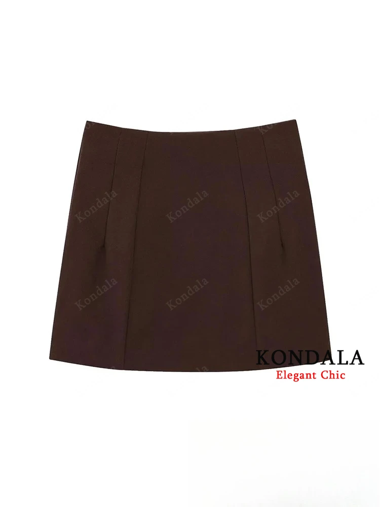 KONDALA Vintage Casual Women Skirt Brown Solid Zipper Slim Short Skirt New Fashion 2025 Spring Summer Holiday Mini Female Skirt 1