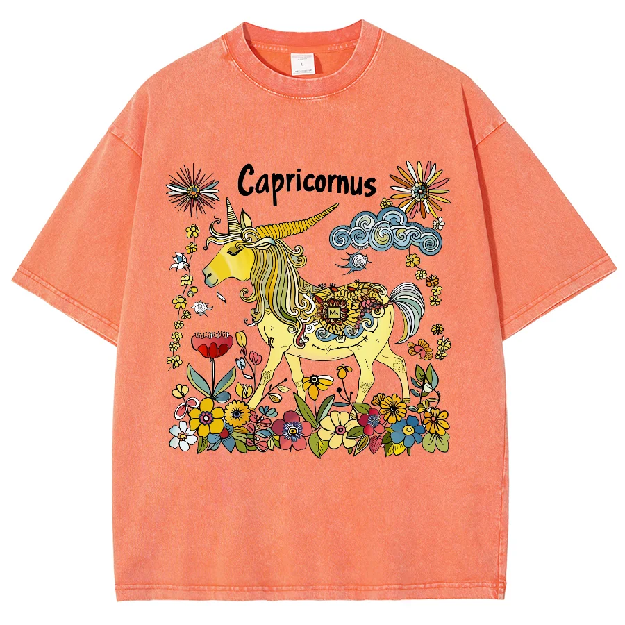 

Washed Constellation Cartoon Vintage T Shirt, Capricornus Unisex T-Shirt, 100% Cotton Tshirt, Short Sleeve, Oversized Streetwear