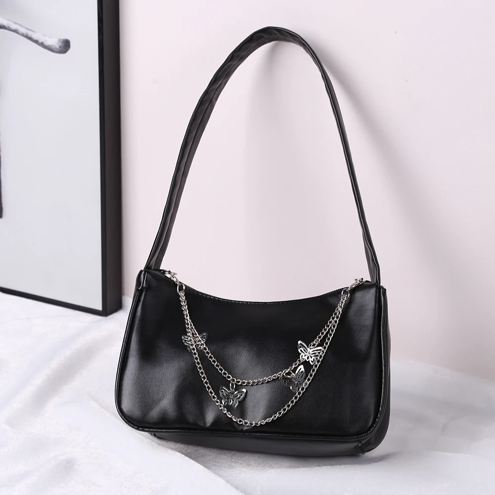 Butterfly Chain Shoulder Bag for Women PU Leather Shopping Bags Y2k Small Tote Handbags Purse Solid Color Trendy Underarm Bag women handbags