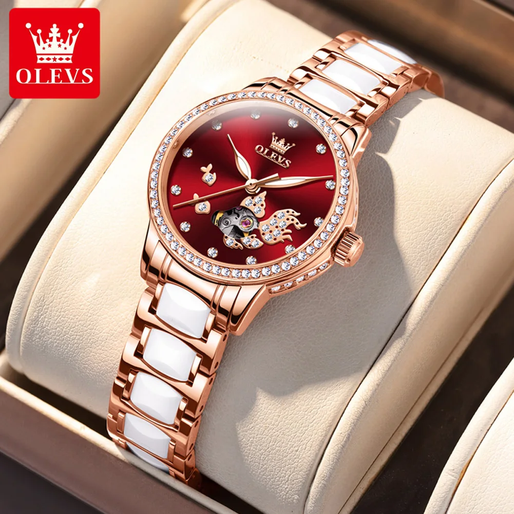 OLEVS Brand Luxury Automatic Mechanical Watch Women Fashion Ladies Watch Elegant Ceramics Wristwatch Casual Female Montre Femme