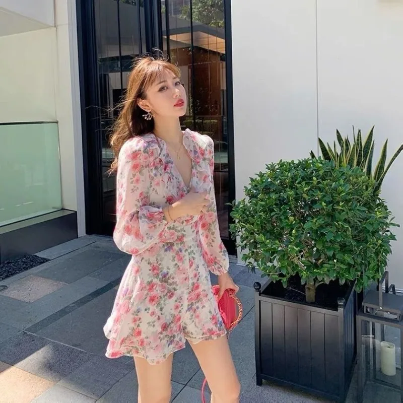 Elegant V-Neck Long Sleeve Jumpsuit with Frilly Hem and Floral Print for Women in 2024 Spring and Summer