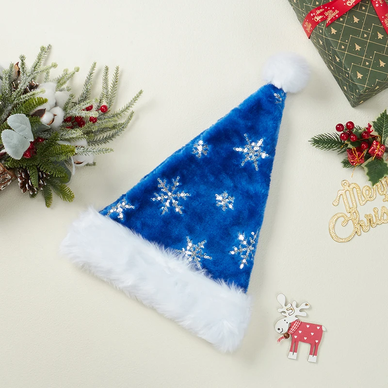 Sequin Christmas Hats for Adults Glitter Snowflake Embroidered Santa Claus Hats Party Cap with Fur Trim