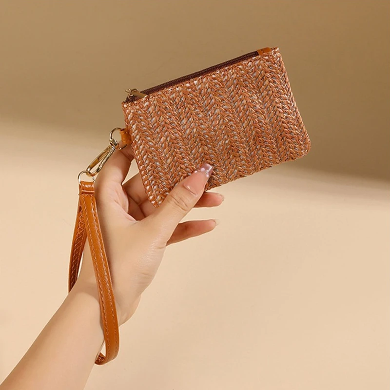 Solid Color Straw Bag Fashion Ladies Wristlet Wallet Portable Coin Purse Holder Bag Lipstick 1PC