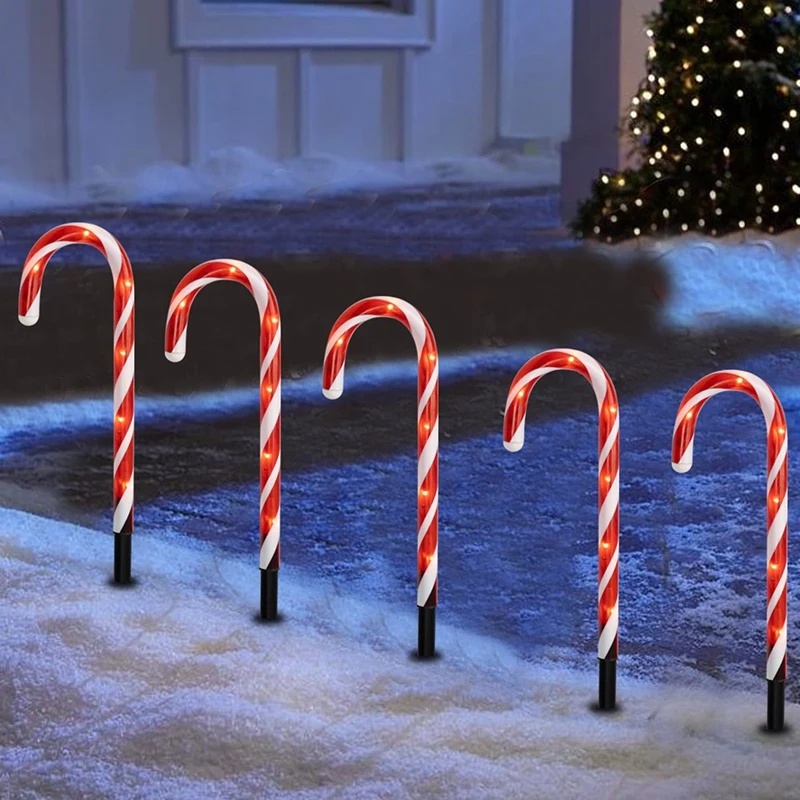 KEKA Bright 5Pcs 14 Inch Christmas Candy Cane Pathway Markers, Xmas Pathway Lights Outdoor With Warm White Lights For Garden