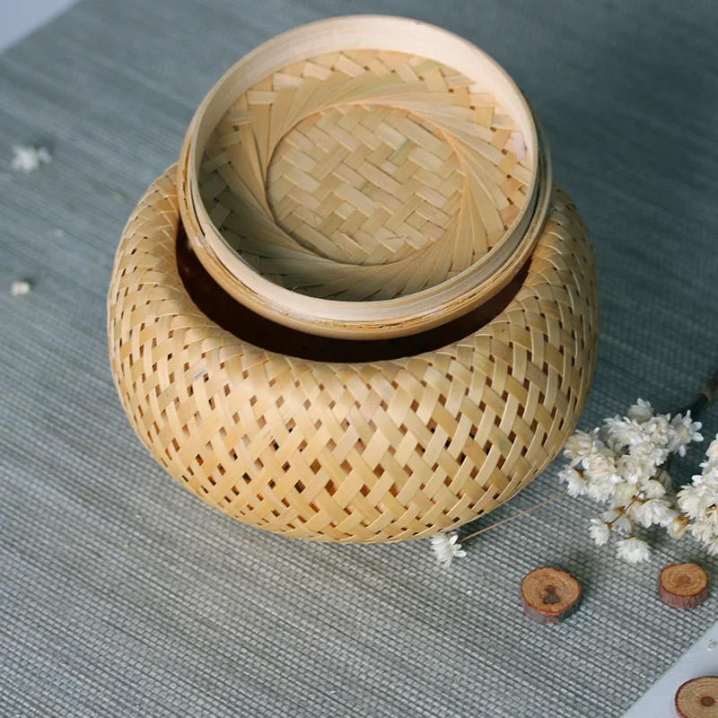 Bamboo woven small basket double-layer hollow small mini box bamboo woven packaging box creative flower pot bamboo tea jar