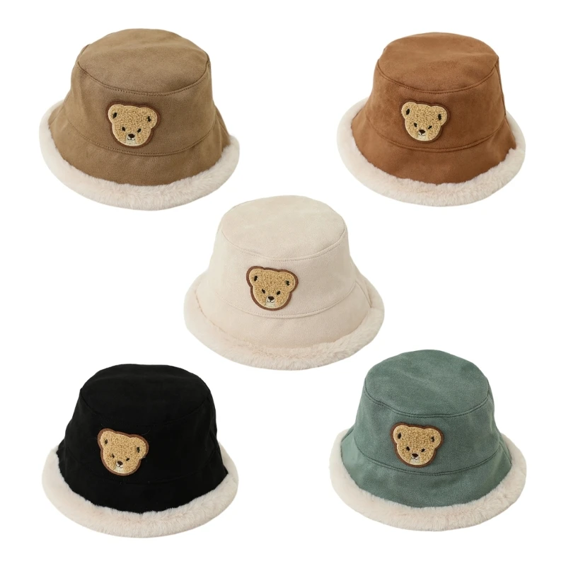 

Y1UB Cartoon Bear Baby Plush Bucket Hat Stylish Lambswool Fisherman Cap Short Brim Basin Hat for Toddlers in Winter Season