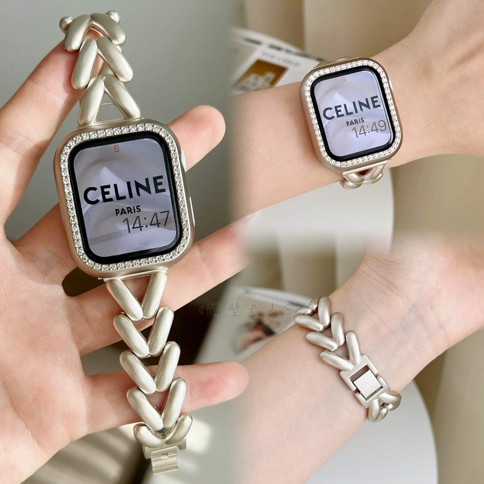 

Stainless Steel Strap For Apple Watch Band 8 7 6 SE 5 45mm 44mm 42mm INS Wheat Shape Bracelet IWatch Ultra 49mm 41mm 40mm 38mm