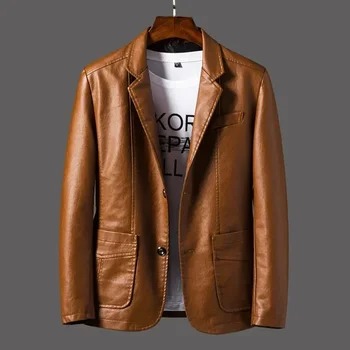 2024 Men's Leather Jackets Lapel Business Pu Blazers Men Solid Casual Slim Button-up Leather Coats Autumn Outwear Plus Size 6XL