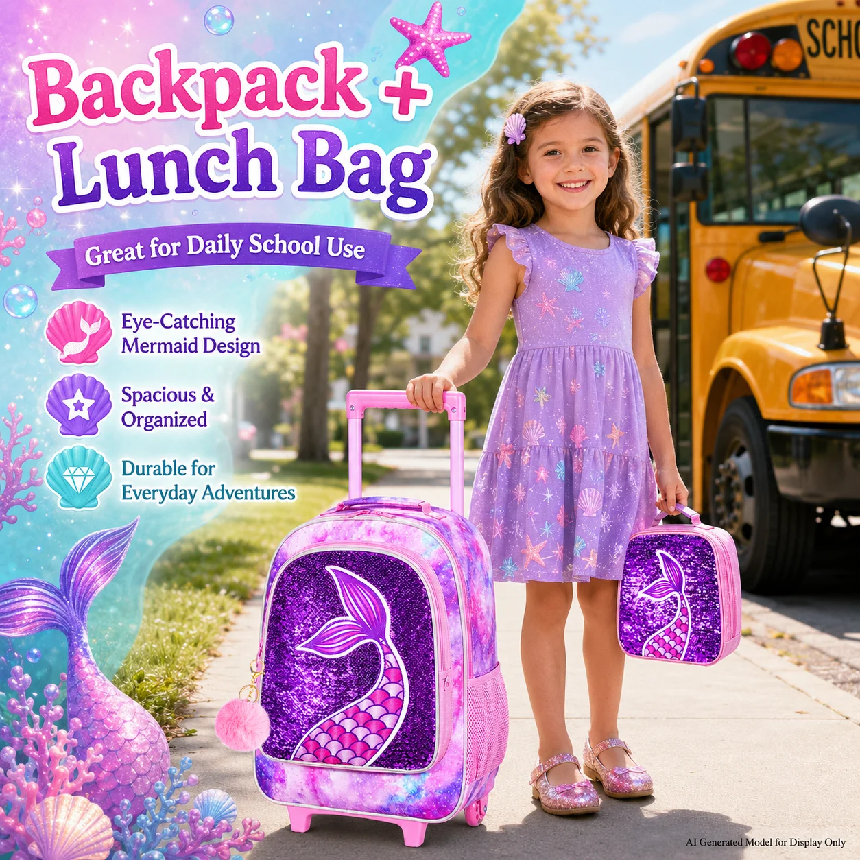 Rolling Backpack for Girls, Roller Wheels Kids Bookbag - Wheeled Suitcase Elementary Sequin School Bag - 3PCS Mermaid