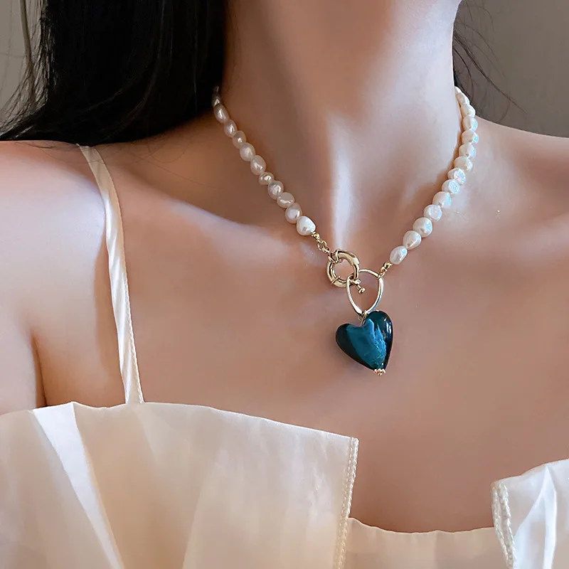 

Romantic Blue Love Heart Natural Freshwater Baroque Pearl 14K Gold Filled Ladies Pendant Necklace Jewelry For Women Gifts Chain