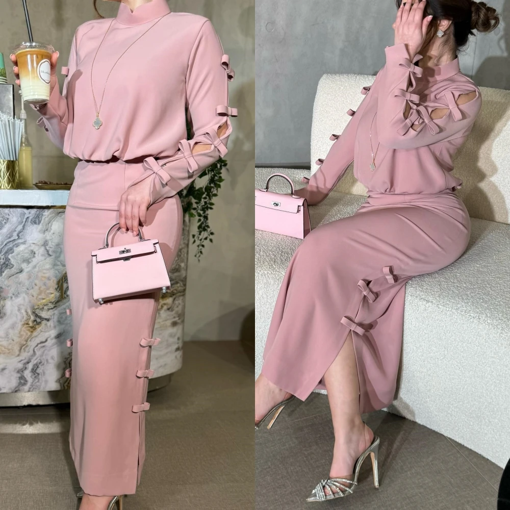 Jiayigong  Satin Bow Cocktail Party A-line High Collar Bespoke Occasion Dresses Ankle-Length