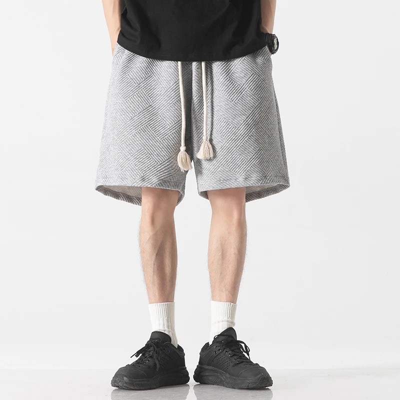 Streetwear Trend Versatile Summer Casual Shorts Men's Solid Pockets Elastic Waist Drawstring Loose Straight Knee Length Pants