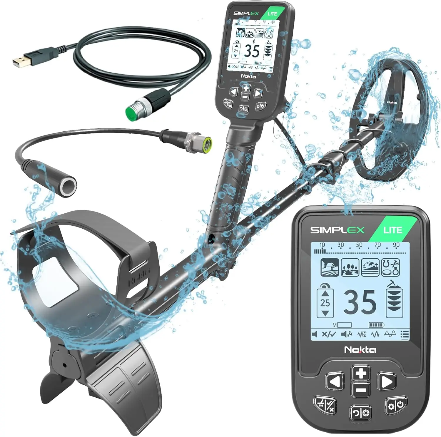 Nokta Simplex Lite Metal Detector with 9.5&rdquo; Waterproof DD Search Coil, Vibration for Detecting Underwater