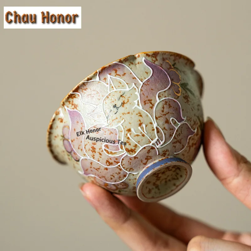 90ml Hand-drawn Fox Teacup Luxury Tea Bowl Jug Tea-tasting Fragrance Cup Chazhan Master Cups Flower Tea Household Teaware Craft