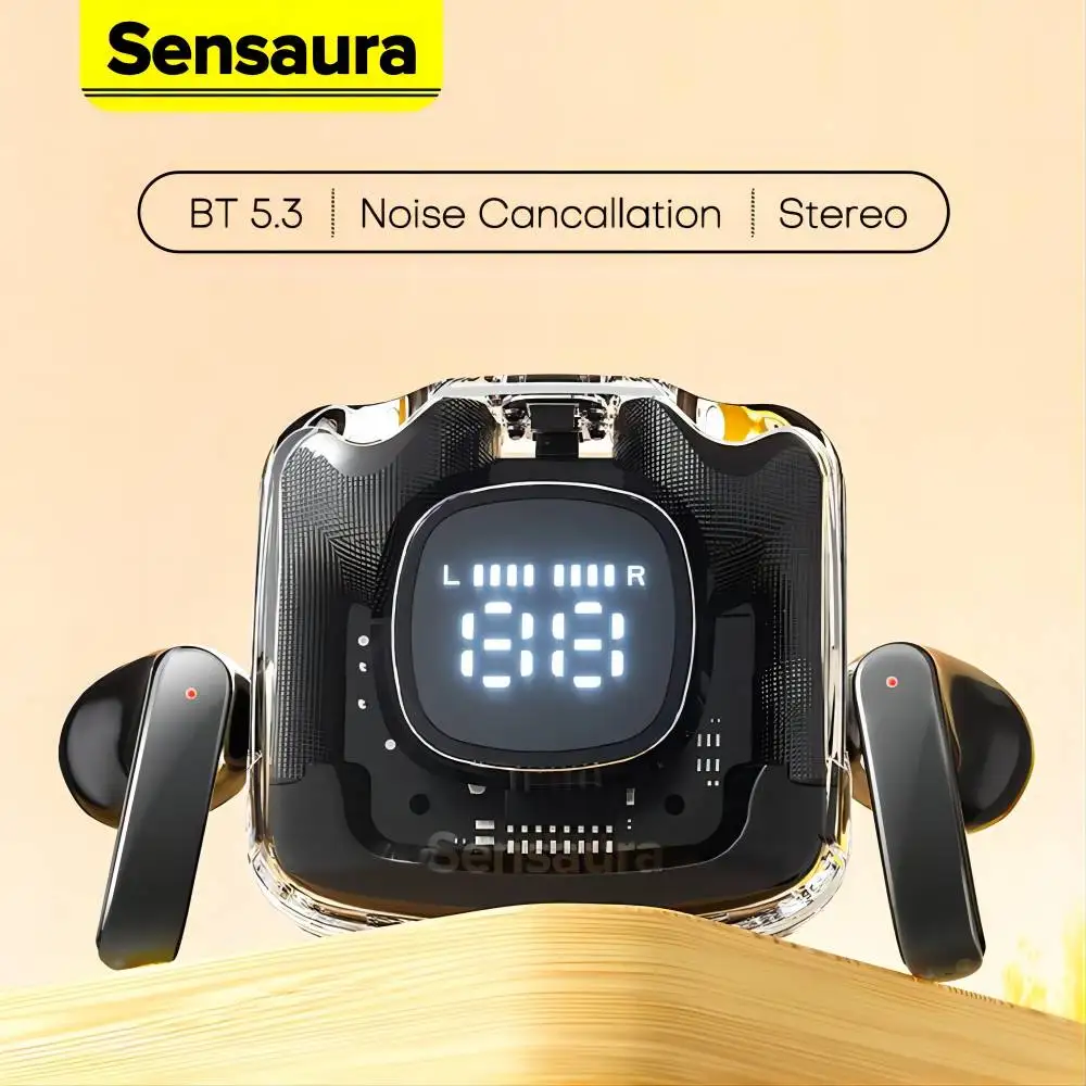Sensaura TWS 이어폰 무선 블루투스 5.3 이어버드, 노이즈 캔슬링 헤드셋, 게임용 베이스 헤드폰, 마이크 디지털 디스플레이 포함