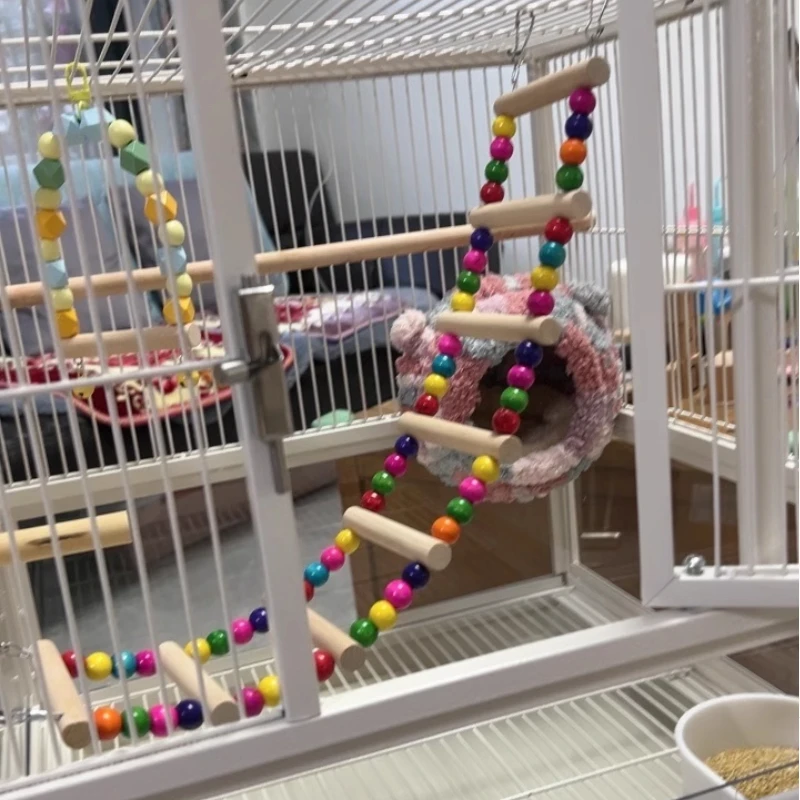 Wood Parrot Toys Bird Toy Cage Bird Accessories Swing Suspension Bridge Ball Cage Bells Pet Supplies Set 2