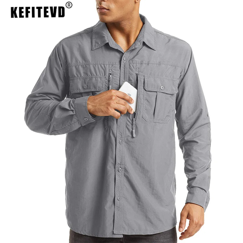 Fishing Shirts Men's Hiking Long Sleeve Zipper Chest Pocket Lightweight Camping Trekking