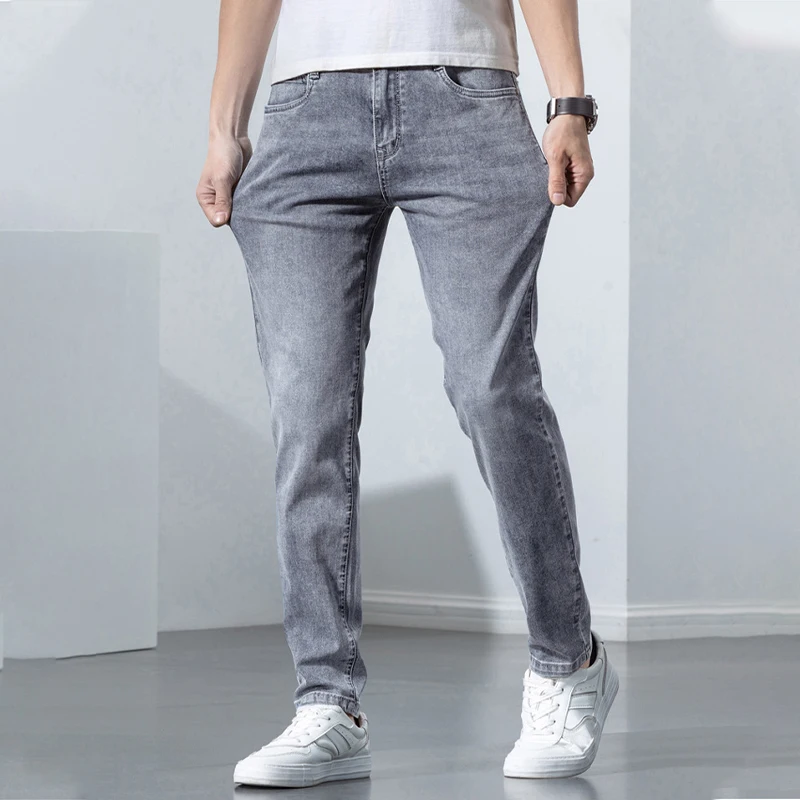 fashion black slim men jeans male clothing streetwear daily business casual trousers solid pockets stretch denim straight pants Korean Streetwear Jeans For Men Stretch Skinny Men's Clothing Cotton Fashion Denim Trousers Slim Casual Pants Gray Classic 2023