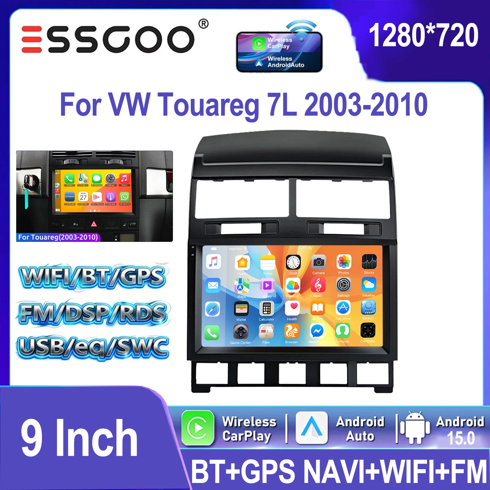 ESSGOO 9 Zoll IPS Touchscreen Für VW Touareg 7L 2003-2010 Android 15 Autoradio Wireless Apple Carplay Android Auto GPS Navigation WIFI Lenkradfernbedienung RDS FM Bluetooth USB Spiegel Link ASP Sound Multimedia Player