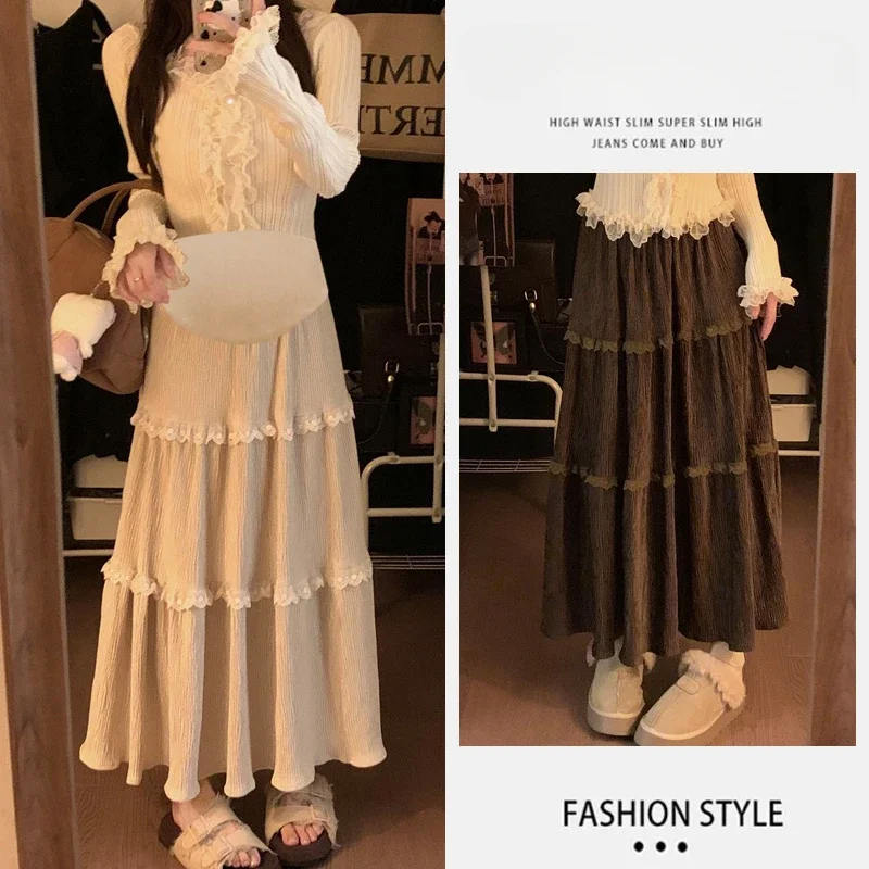 Autumn Winter Maternity Luxury Skirts Fashion Ruffles Lace Patchwork High Waist Pregnant Woman Ball Gown Skirt Cake Skirts Sweet