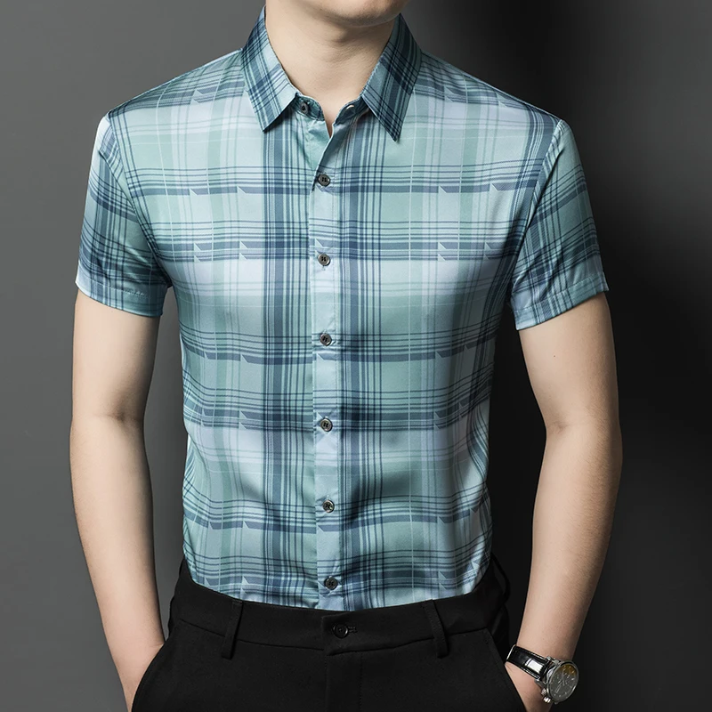 New Men's Fashion Mulberry Silk Clothes Summer Patchowork Stripes Poplin Shirt Male Soft Silk Dress Shirts Short Sleeved