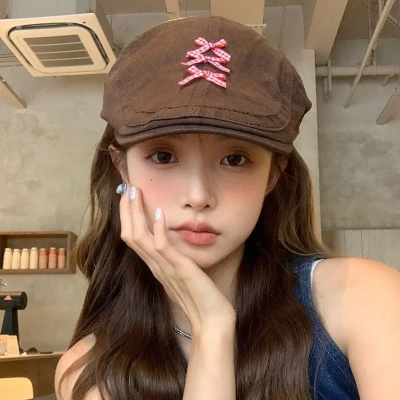 Casual Fashionable Wig Bonnets Newsboy Wigs Caps Women Daily Wig Cap Detachable Hats Female Retro Hat Chic Pink Bow Bonnets