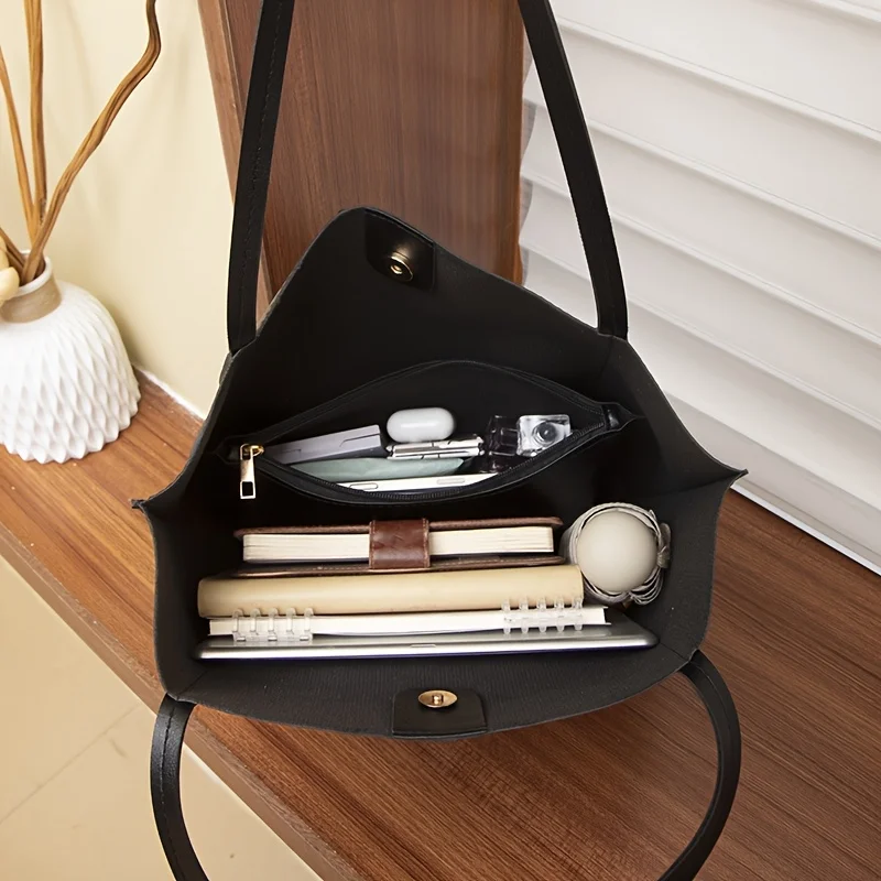 Set di borse nere da donna da 2 pezzi, borsa di grande capacità, chiusura magnetica, borsa tote retrò versatile, borse a tracolla casual quotidiane - immagine 5