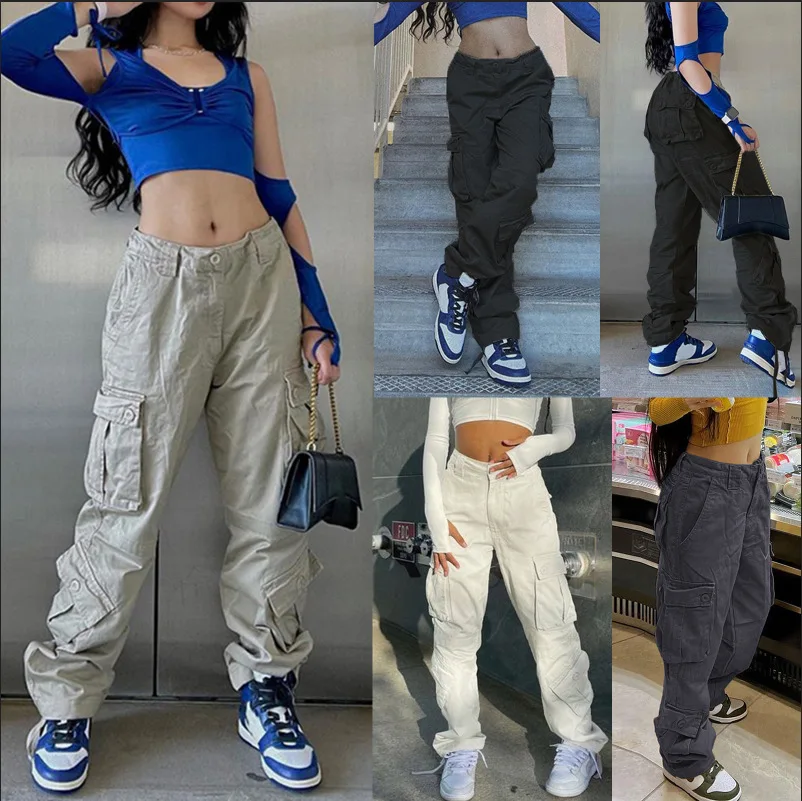 

Streetwear Fashion Overalls Women High Waist Wide Leg Baggy Jeans Side Pocket Vintage Cargo Pants Boyfriend Loose Trousers