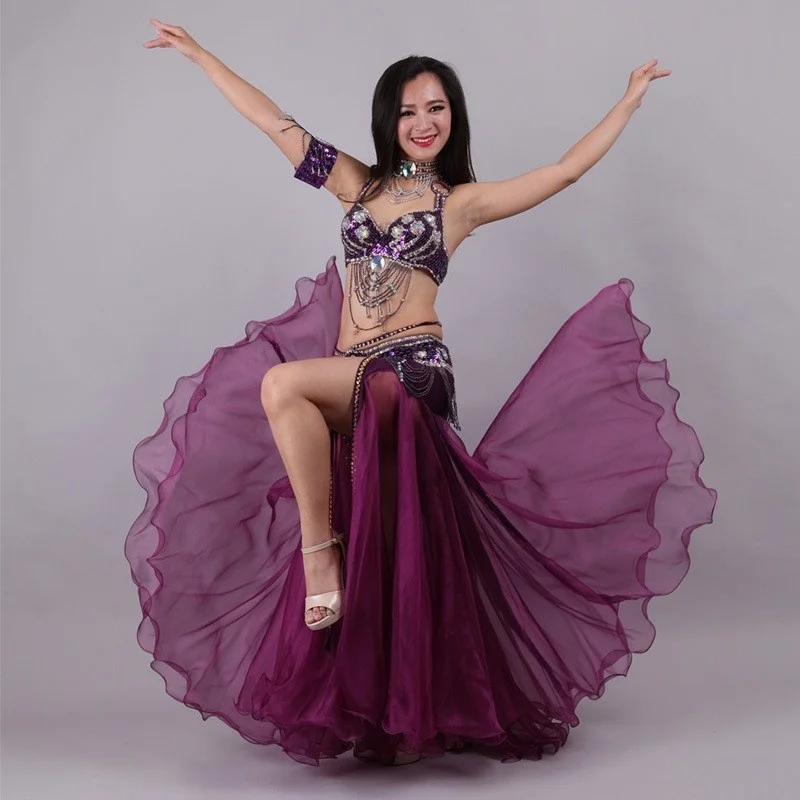

Женский костюм для танца живота Bellydance, роскошный укороченный топ с блестками, бюстгальтер, шифоновые юбки, комплект из 3 предметов для взрослых и детей, Восточная одежда