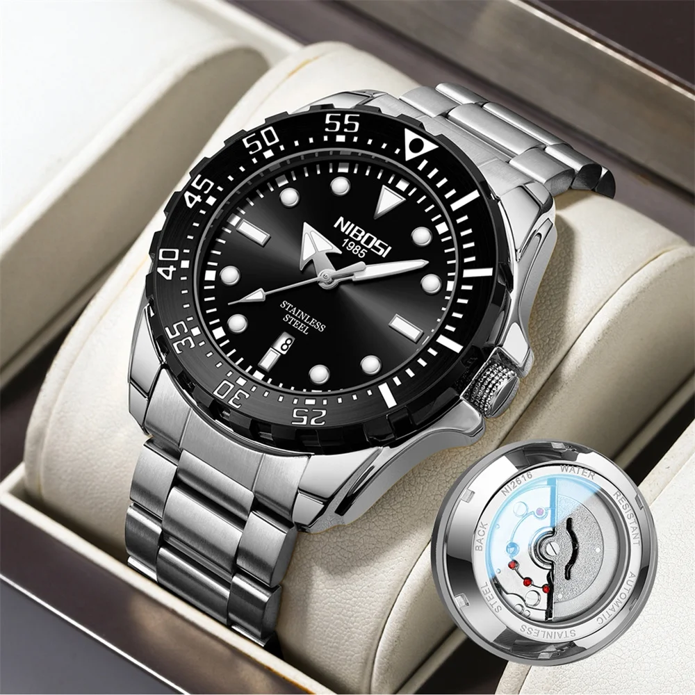 NIBOSI Brand Luxury Mechanical Case Back Design Fashion Quartz Watch Stainless Steel Waterproof Mens Watches Relogio Masculino