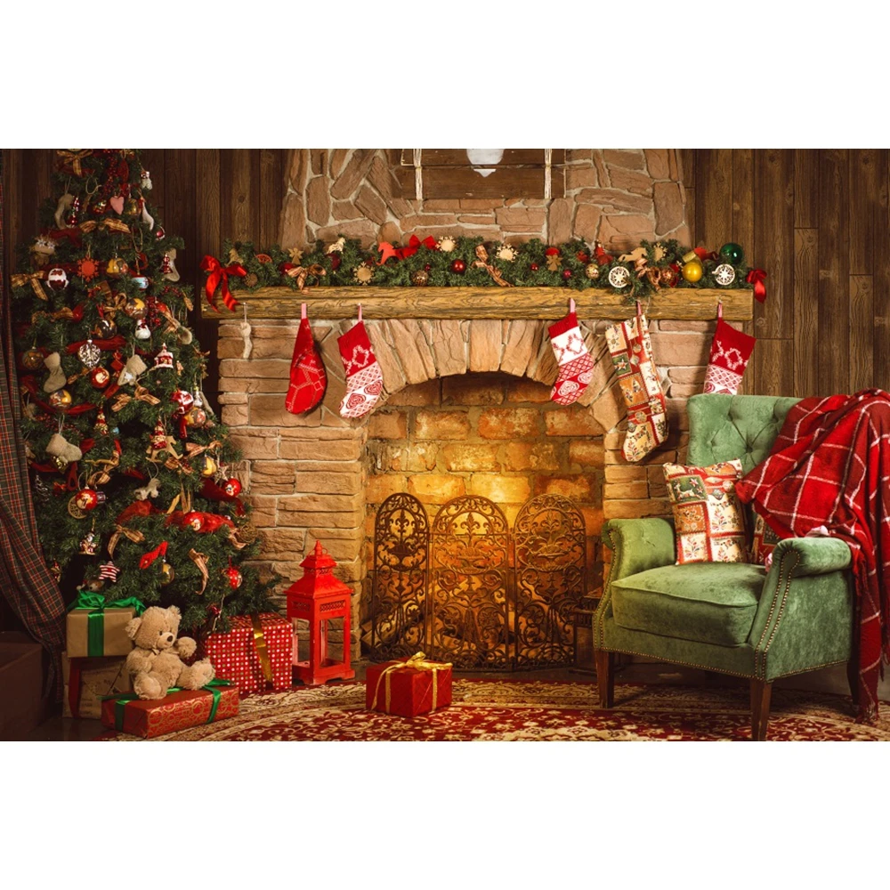 AOFOTO 10x7ft Decorated Christmas Living Room Backdrop New Year Tree Fireplace Xmas Light Gift Photography Background Holiday Festive Interior Party Decor Photo Studio Props Vinyl Portrait Wallpaper