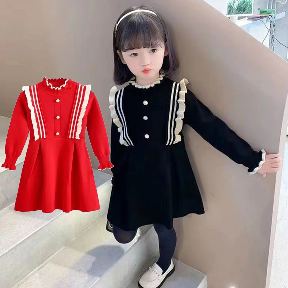 

Korean Version Little Girls Longsleeve Knit Princess Dress Wood Ear Lace Collar Wool Dress New Years Autumn Winter Style Clothes