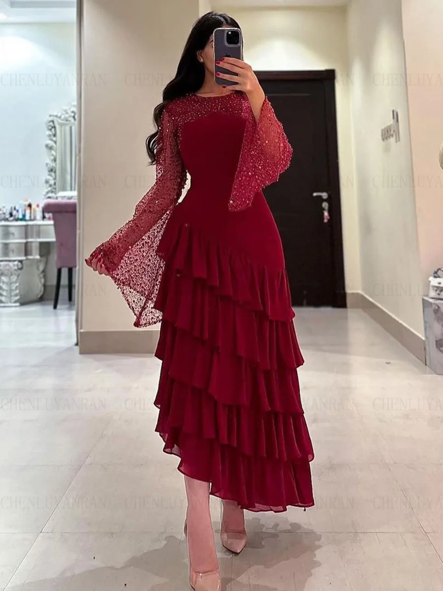 

Burgundy Chiffon Formal Occasion Dresses 2023 Sequin Sleeves A-line Ball Gowns Tiered Puffy Evening Party Gowns فساتين الحفلات