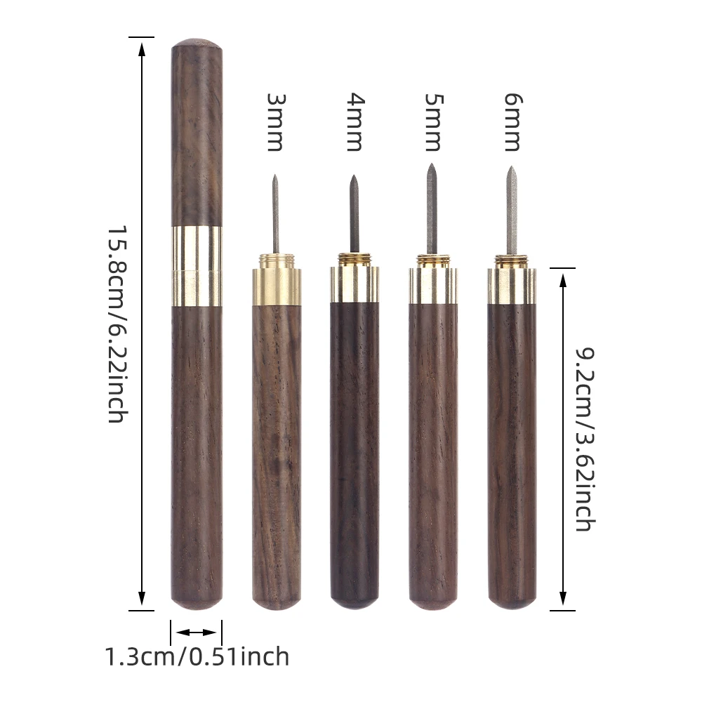 1Pcs 황동 다이아몬드 모양 나무 손잡이 가죽 바느질 송곳, 캔버스 Leathercraft 바느질 바늘 스크라이브, 레이아웃 작업 4 크기-3/4/5/6mm