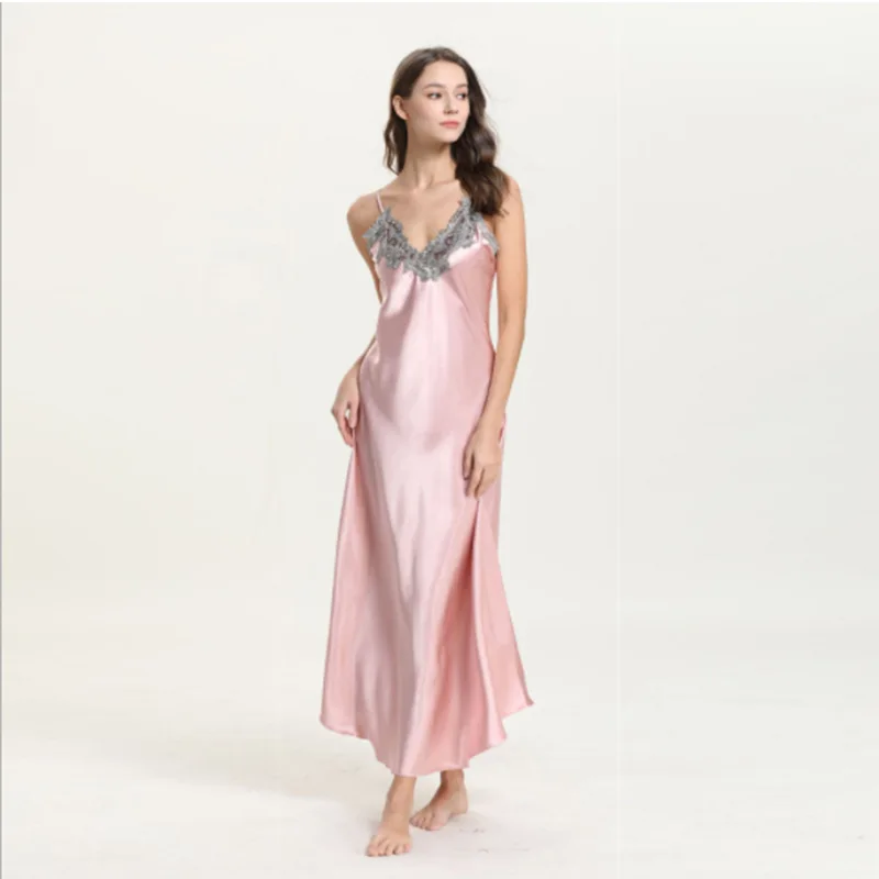 Thin V-neck Slip Dress Female Minimalist Leisure Pajamas Imitation Silk Sleepwear Lace-trimmed Nightgown Home Clothing for Women