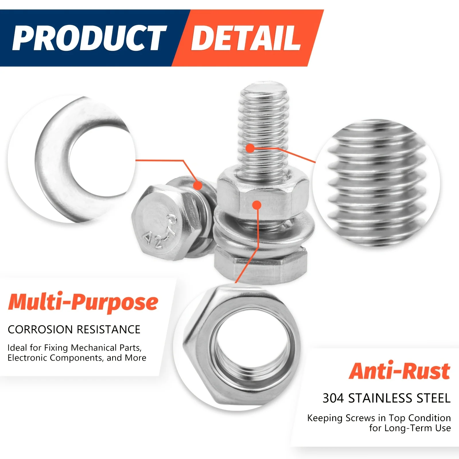 M4 M5 M6 Metric Bolt Kit Stainless Steel Assortment Set with Hex Head Bolts Nuts Flat & Lock Washer for DIY Home Industrial Use screw bolt nut set screw washer nut kit hex nuts assortment kit