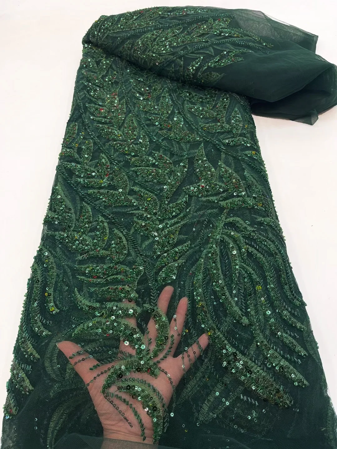 

(5yards/pc) High quality deep green African tube beads sequins embroidered tulle lace bling bling French net lace fabric FRX140