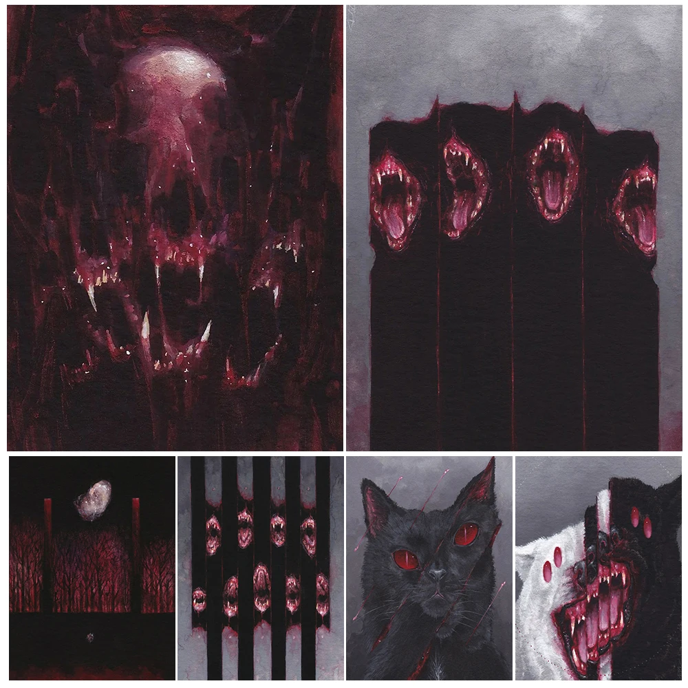 

Creepy Animal Splicing Art Poster And Print Bat,Black Cat,Wolf And Mysterious Creature Wall Art Wiccan Canvas Print Home Decor