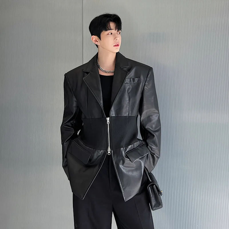 

SYUHGFA Men's Clothing Zipper PU Leather Jacket Korean 2024 Autumn Lapel Patchwork Slim Waist Shoulder Pad Coat Suit