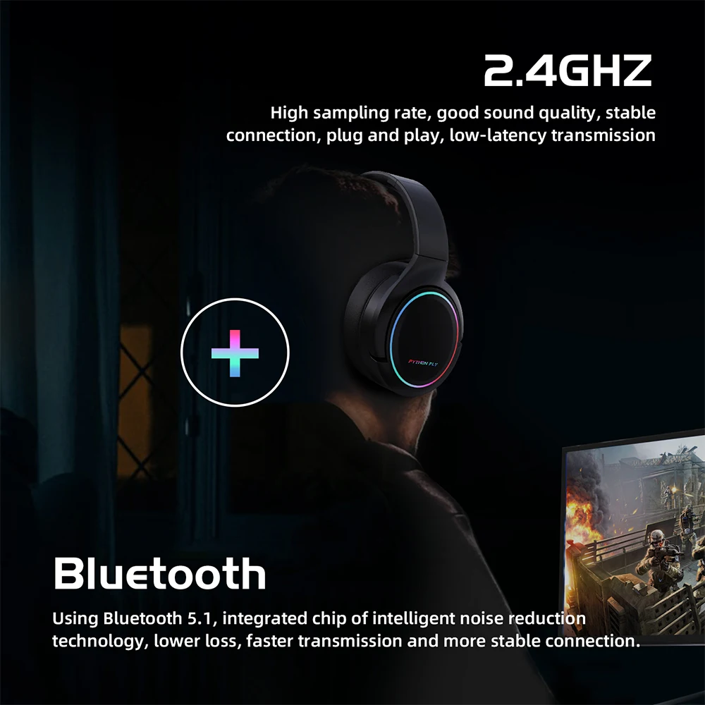 Dynamic RGB Gaming Headset with Mic 2.4G Bluetooth Over Ear Headphones PC For PS4 PS5 3 EQ Options Game Movie Music