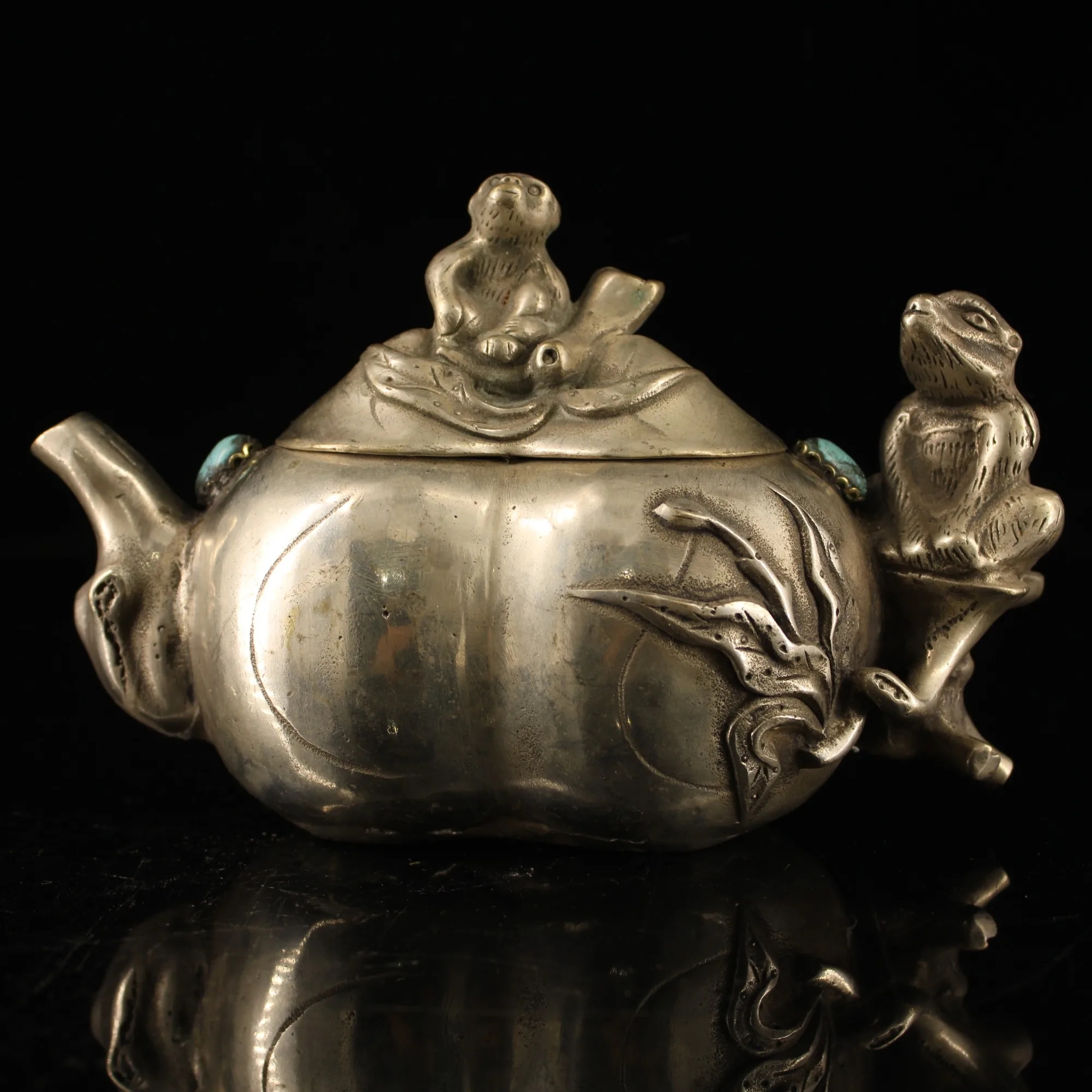 7 "Collezione Tempio Tibetano Bronzo Dorato Argento Mosaico Gemma Scimmia Scimmia Bollitore Flagon Teiera Ornamento Per Ufficio Casa Della Città Esorc