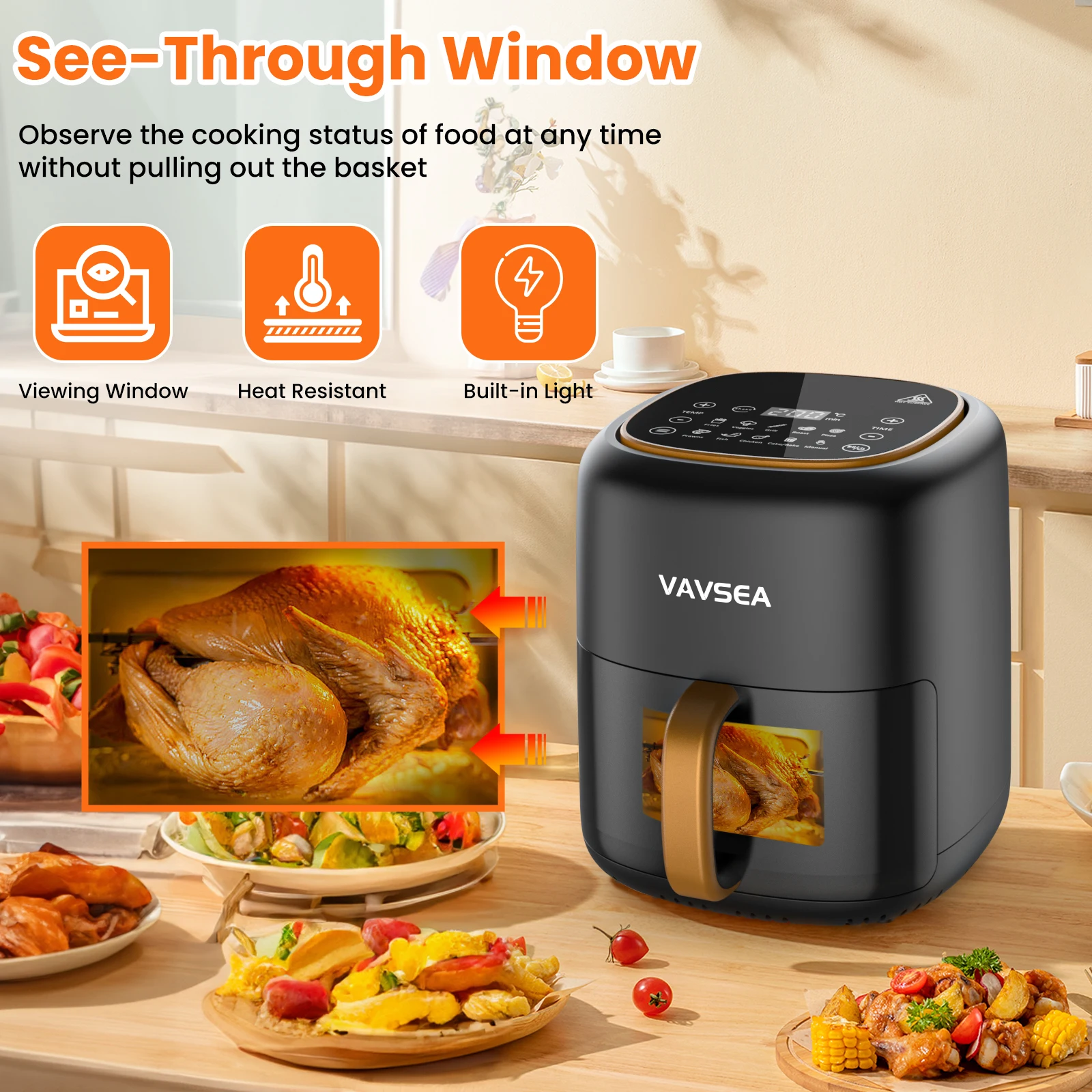 VAVSEA 10-in-1 Air Fryer with Clear Window, 1600W Hot Airfryer Oven with Digital LED Touch Screen, and Non-Stick Basket,6.5QT, 3