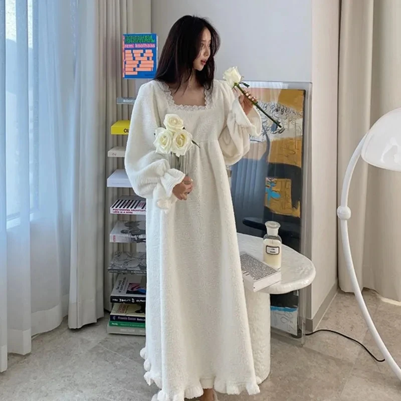 

Women's Winter Long Nightdress Warm Korea Style Solid Long Sleeve Ladies Fleece Homewear Princess Lovely Nightgown for Female