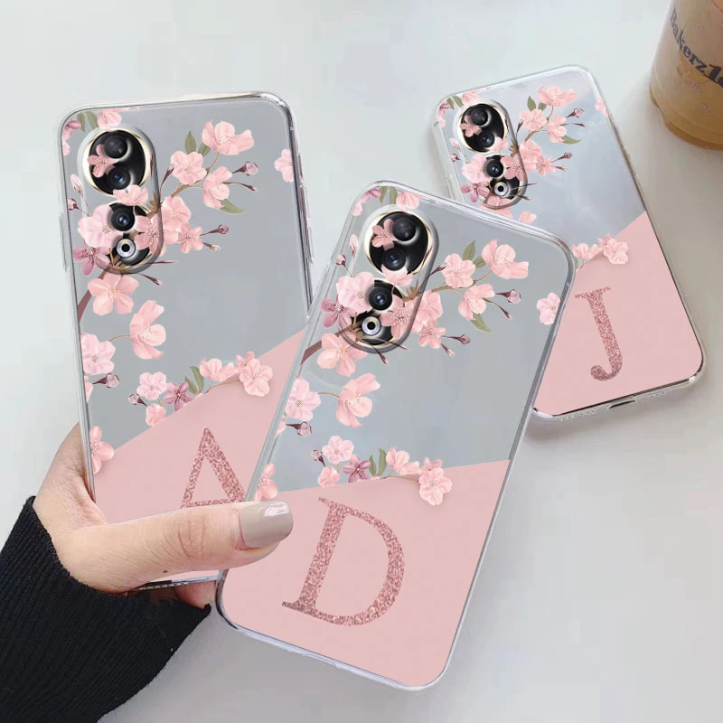 Custodia Trasparente Per Telefono Con Lettera Iniziale Per Honor 90 Custodia Protettiva Antiurto Con Fiore Opaco Per Honor90 Coque Soft Silicone Funda
