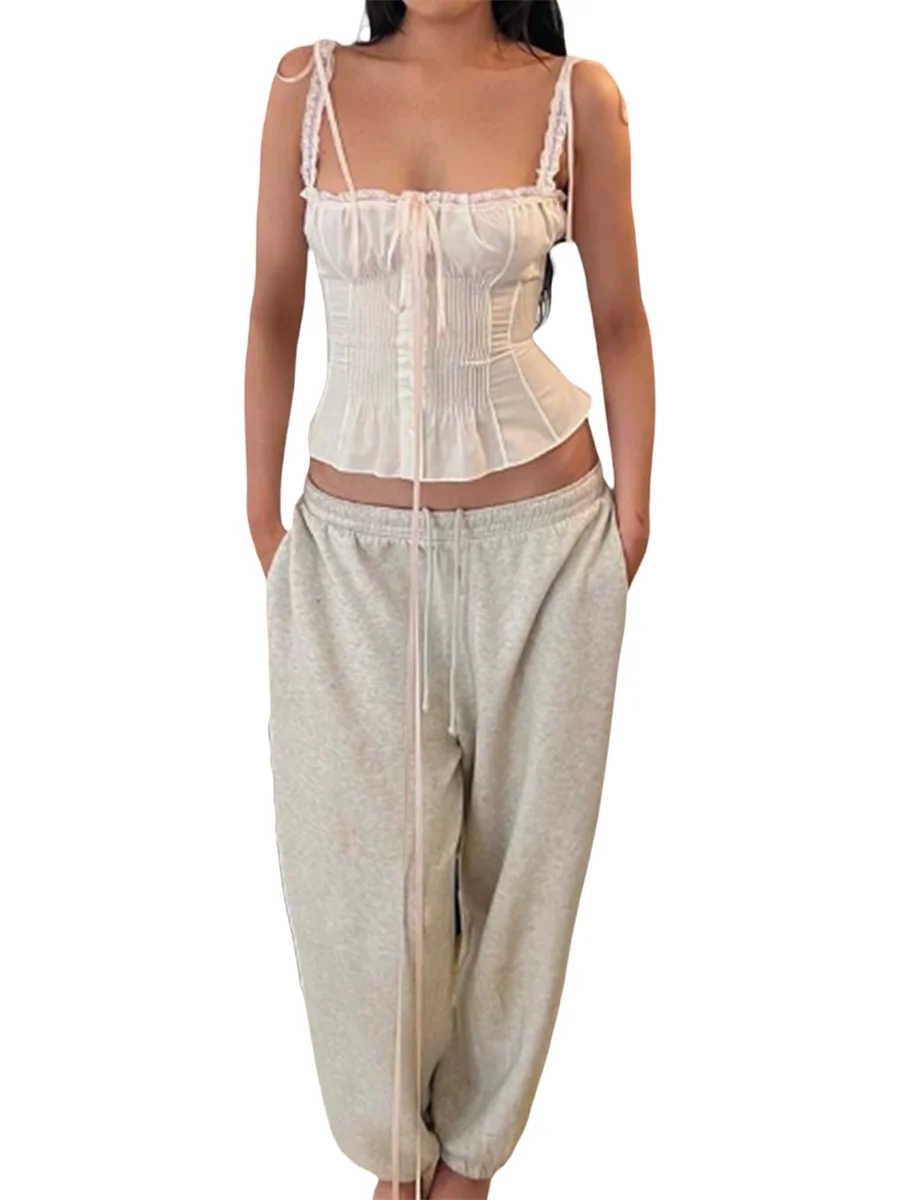 Fairy Cottage Y2K Crop Tops Kawaii Ribbons Bowknot Lace Trim Camisole Low Cut Button Up Slim Fit Vest 90s Vintage Women Tank Top