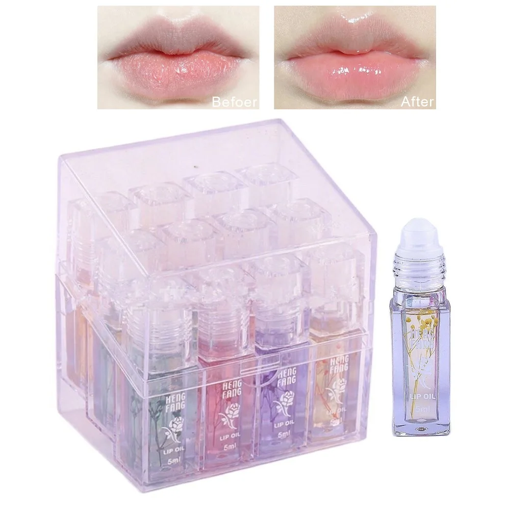 

12Pcs Hengfang Flowers Nutritious Lip Oil Transparent Moisturizing Lip Gloss Long Lasting Roller Ball Lip Care Lip Balm Makeup