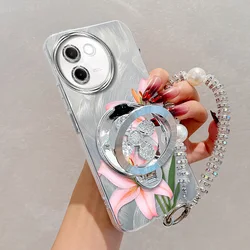 3 - Piece Pink Flowers Phone Case Set with Lanyard and Stand for Vivo Y3s (Silver)