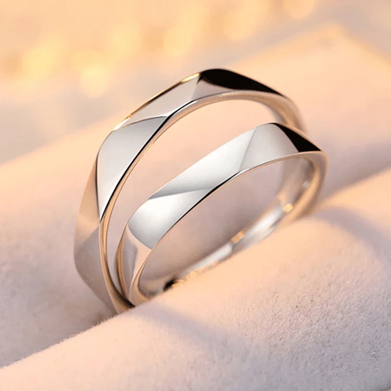 2PCS Black White Lozenge Couple Rings Set Open Adjustable Ring Eachother Lovers Minimalist Ring Gift Wedding Rings Bride Jewlery 5
